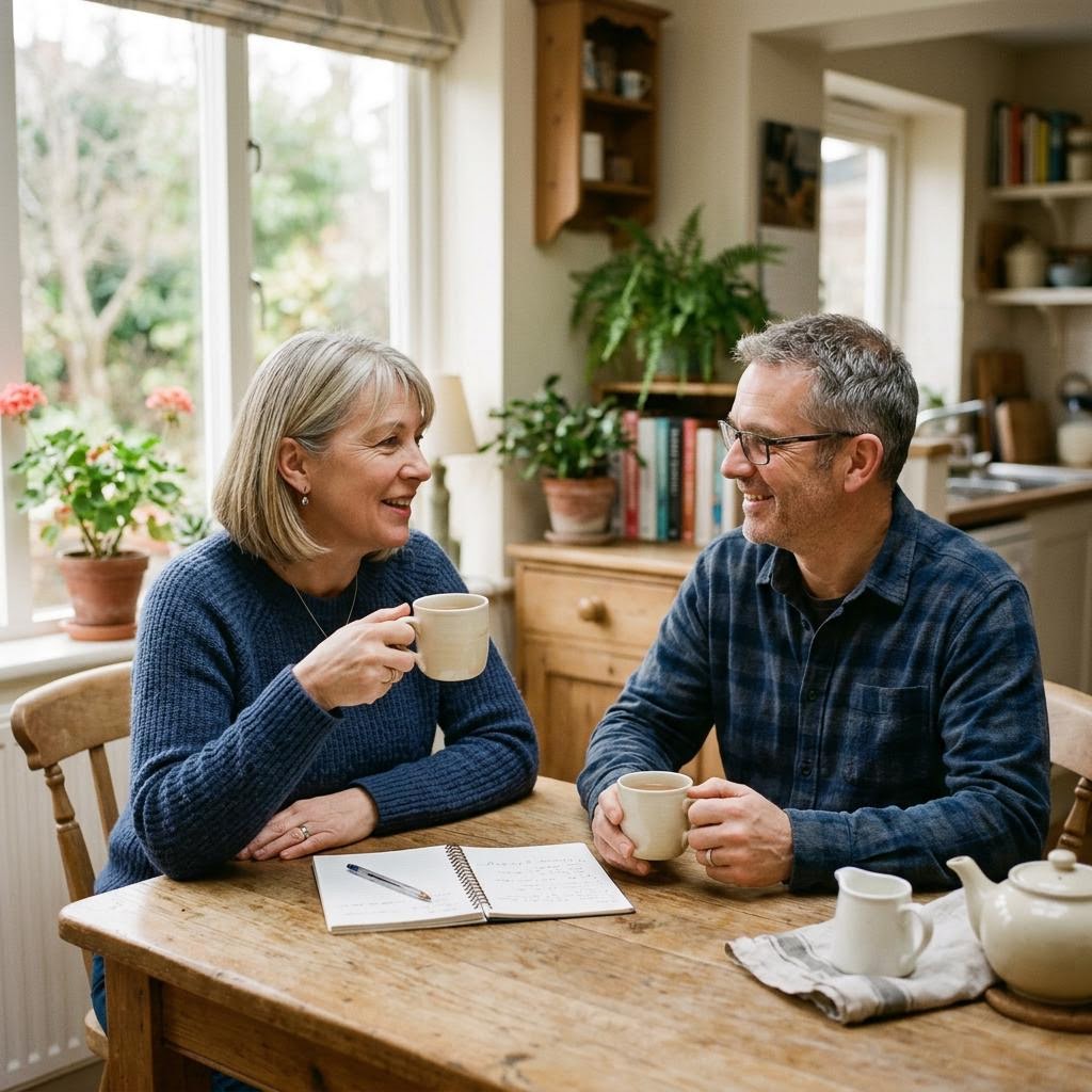 A couple talking over tea at their kitchen table, planning together