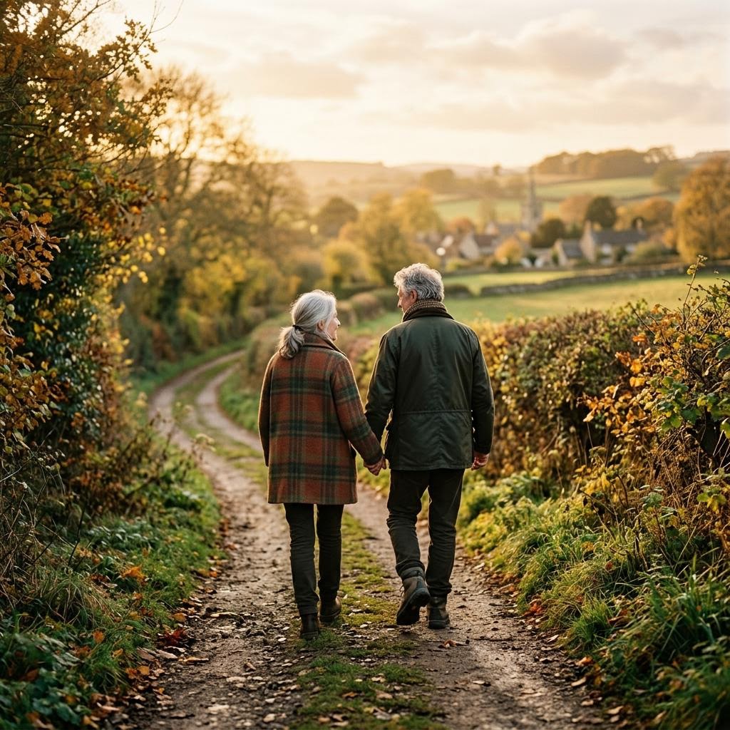 An older couple walking together along a country path